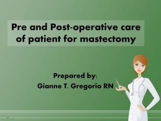 Pre and Post-operative care
of patient for mastectomy
Prepared by:
Gianne T. Gregorio RN
 