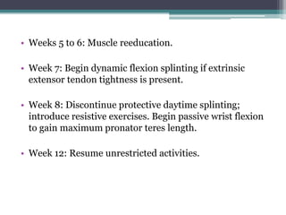 • Weeks 5 to 6: Muscle reeducation.
• Week 7: Begin dynamic flexion splinting if extrinsic
extensor tendon tightness is present.
• Week 8: Discontinue protective daytime splinting;
introduce resistive exercises. Begin passive wrist flexion
to gain maximum pronator teres length.
• Week 12: Resume unrestricted activities.
 
