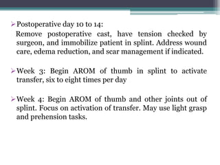 Postoperative day 10 to 14:
Remove postoperative cast, have tension checked by
surgeon, and immobilize patient in splint. Address wound
care, edema reduction, and scar management if indicated.
Week 3: Begin AROM of thumb in splint to activate
transfer, six to eight times per day
Week 4: Begin AROM of thumb and other joints out of
splint. Focus on activation of transfer. May use light grasp
and prehension tasks.
 