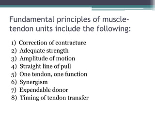 Fundamental principles of muscle-
tendon units include the following:
1) Correction of contracture
2) Adequate strength
3) Amplitude of motion
4) Straight line of pull
5) One tendon, one function
6) Synergism
7) Expendable donor
8) Timing of tendon transfer
 