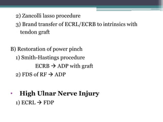 2) Zancolli lasso procedure
3) Brand transfer of ECRL/ECRB to intrinsics with
tendon graft
B) Restoration of power pinch
1...