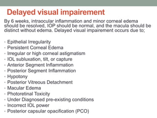 Delayed visual impairement
By 6 weeks, intraocular inflammation and minor corneal edema
should be resolved, IOP should be normal, and the macula should be
distinct without edema. Delayed visual impairement occurs due to;
• Epithelial Irregularity
• Persistent Corneal Edema
• Irregular or high corneal astigmatism
• IOL subluxation, tilt, or capture
• Anterior Segment Inflammation
• Posterior Segment Inflammation
• Hypotony
• Posterior Vitreous Detachment
• Macular Edema
• Photoretinal Toxicity
• Under Diagnosed pre-existing conditions
• Incorrect IOL power
• Posterior capsular opacification (PCO)
 