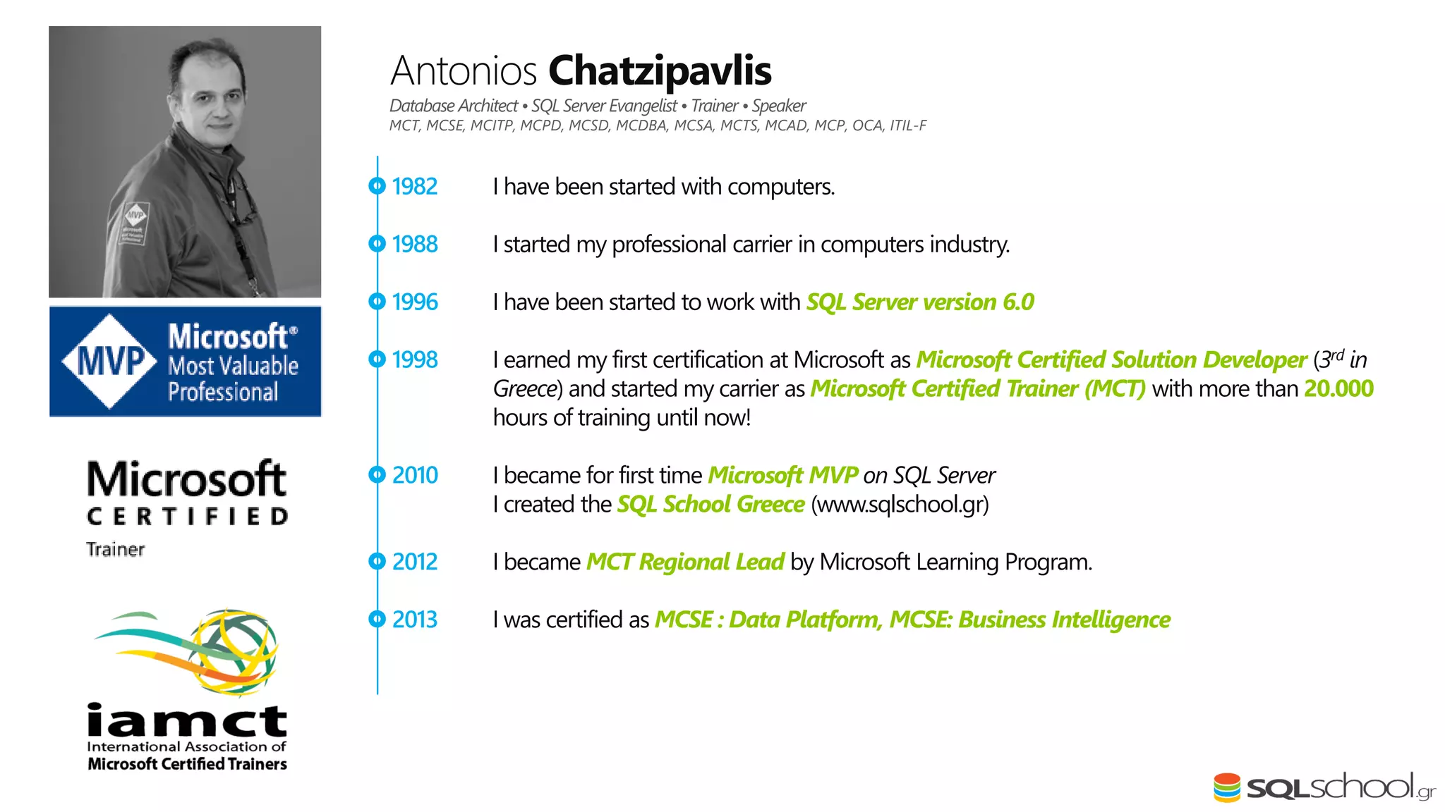 I have been started with computers. I started my professional carrier in computers industry. I have been started to work with SQL Server version 6.0 I earned my first certification at Microsoft as Microsoft Certified Solution Developer (3rd in Greece) and started my carrier as Microsoft Certified Trainer (MCT) with more than 20.000 hours of training until now! I became for first time Microsoft MVP on SQL Server I created the SQL School Greece (www.sqlschool.gr) I became MCT Regional Lead by Microsoft Learning Program. I was certified as MCSE : Data Platform, MCSE: Business Intelligence Antonios Chatzipavlis Database Architect • SQL Server Evangelist • Trainer • Speaker MCT, MCSE, MCITP, MCPD, MCSD, MCDBA, MCSA, MCTS, MCAD, MCP, OCA, ITIL-F  1982  1988  1996  1998  2010  2012  2013 