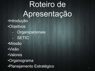 Roteiro de
Apresentação
•Introdução
•Objetivos

Organizacionais

SETIC
•Missão
•Visão
•Valores
•Organograma
•Planejamento Estratégico

3

 