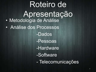 Roteiro de
Apresentação

• Metodologia de Análise
• Análise dos Processos
-Dados
-Pessoas
-Hardware
-Software
- Telecomunicações
4

 