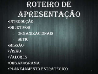 Roteiro de
Apresentação
•Introdução
•Objetivos

Organizacionais

SETIC
•Missão
•Visão
•Valores
•Organograma
•Planejamento Estratégico

3

 