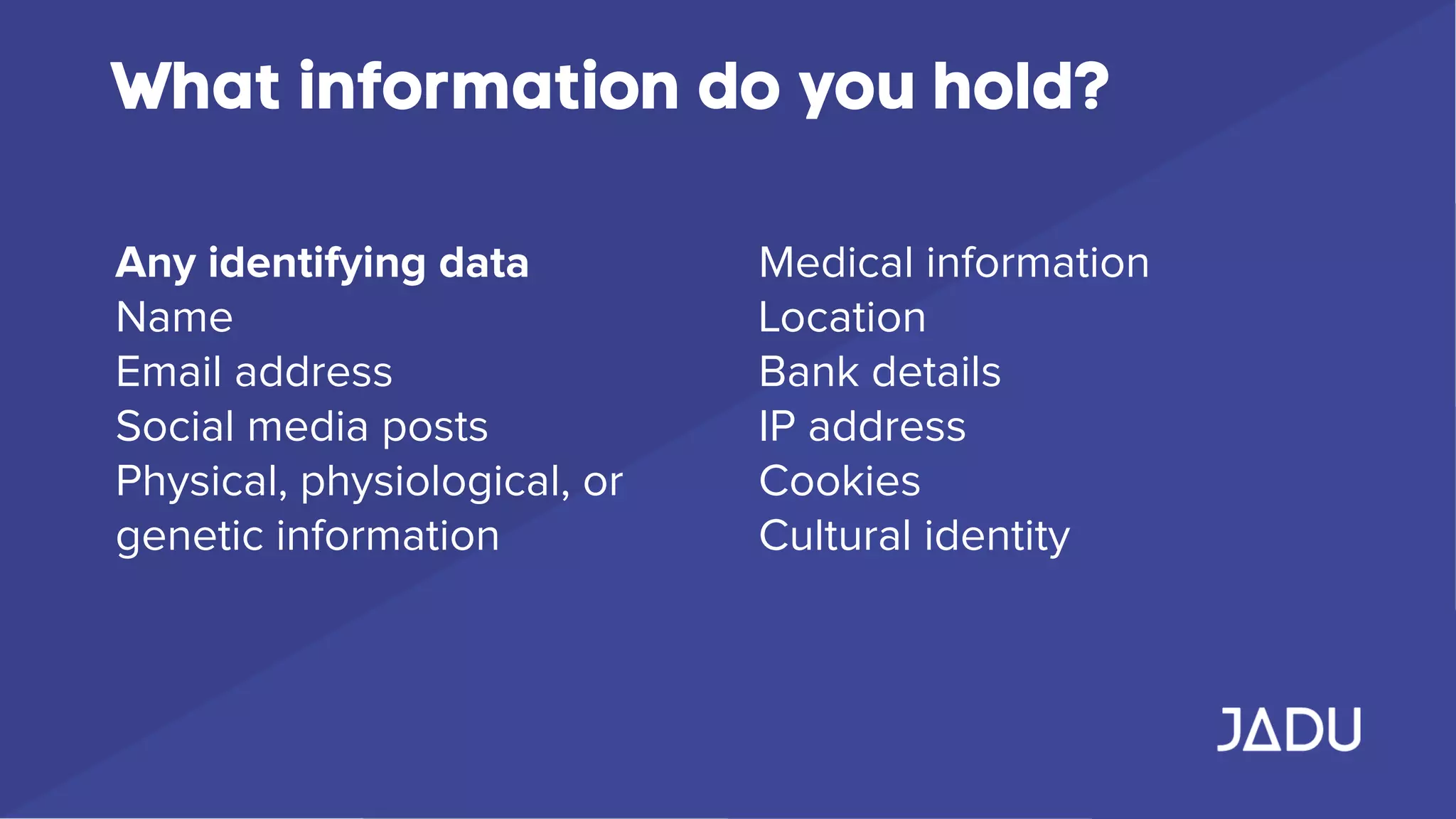 What information do you hold?
Any identifying data
Name
Email address
Social media posts
Physical, physiological, or
genetic information
Medical information
Location
Bank details
IP address
Cookies
Cultural identity
 