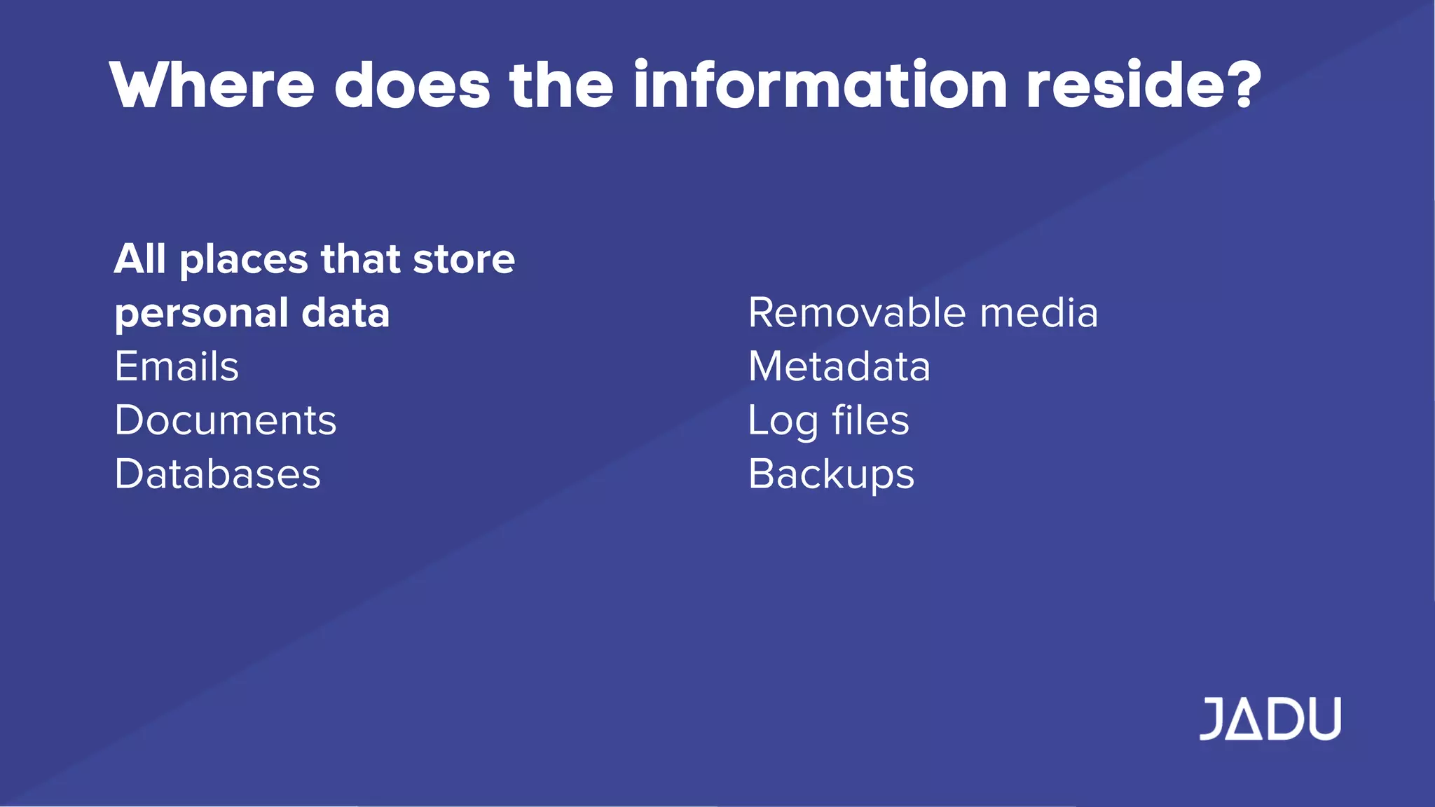 Where does the information reside?
All places that store
personal data
Emails
Documents
Databases
Removable media
Metadata
Log ﬁles
Backups
 