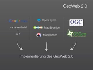 GeoWeb 2.0


                    OpenLayers

Kartenmaterial       MapStraction
      +
     API             MapBender




        Implementierung des GeoWeb 2.0
 