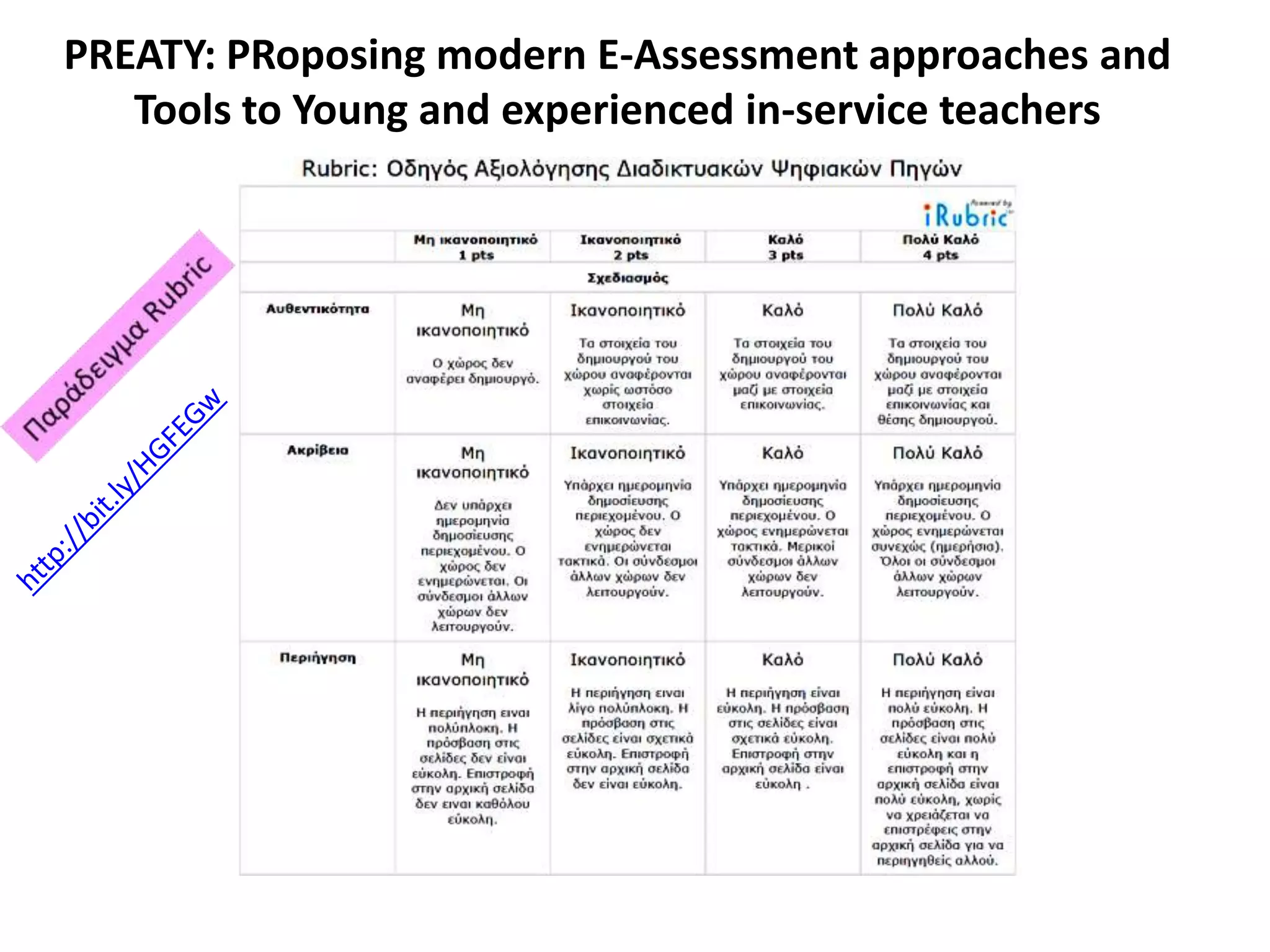 PREATY: PRoposing modern E-Assessment approaches and
Tools to Young and experienced in-service teachers
 