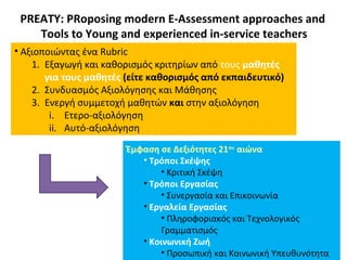 PREATY: PRoposing modern E-Assessment approaches and
Tools to Young and experienced in-service teachers
• Αξιοποιώντας ένα Rubric
1. Εξαγωγή και καθορισμός κριτηρίων από τους μαθητές
για τους μαθητές (είτε καθορισμός από εκπαιδευτικό)
2. Συνδυασμός Αξιολόγησης και Μάθησης
3. Ενεργή συμμετοχή μαθητών και στην αξιολόγηση
i. Ετερο-αξιολόγηση
ii. Αυτό-αξιολόγηση
Έμφαση σε Δεξιότητες 21ου
αιώνα
• Τρόποι Σκέψης
• Κριτική Σκέψη
• Τρόποι Εργασίας
• Συνεργασία και Επικοινωνία
• Εργαλεία Εργασίας
• Πληροφοριακός και Τεχνολογικός
Γραμματισμός
• Κοινωνική Ζωή
• Προσωπική και Κοινωνική Υπευθυνότητα
 
