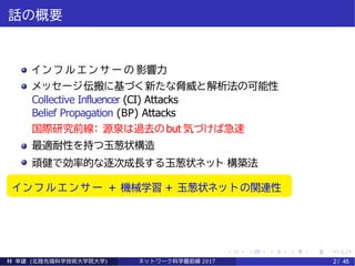 話の概要
イ ン フ ル エ ン サ ー の 影響力
メッセージ伝搬に基づく 新たな脅威と解析法の可能性
Collective Influencer (CI) Attacks
Belief Propagation (BP) Attacks
国際研究前線： 源泉は過去のbut 気づけば急速
最適耐性を持つ玉葱状構造
頑健で効率的な逐次成長する玉葱状ネット 構築法
イ ン フ ル エ ン サ ー + 機械学習 + 玉葱状ネッ ト の関連性
林 幸雄 (北陸先端科学技術大学院大学) ネッ ト ワーク科学最前線 2017 2 / 45
 