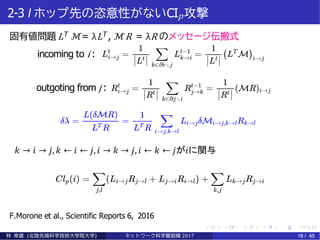 2-3 l ホップ先の恣意性がないCIp攻撃
固有値問題 LT ℳ= λLT , ℳR = λR のメッセージ伝搬式
incoming to i :
outgoting from j :
F.Morone et al., Scientific Reports 6, 2016
林 幸雄 (北陸先端科学技術大学院大学) ネッ ト ワーク科学最前線 2017 18 / 45
𝑘 → 𝑖 → 𝑗, 𝑘 ← 𝑖 ← 𝑗, 𝑖 → 𝑘 → 𝑗, 𝑖 ← 𝑘 ← 𝑗が𝑖に関与
 