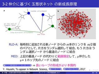 3-2 仲介に基づく 玉葱状ネット の新成長原理
RLD-A: 毎時刻に追加される新ノード からの m本のリ ンクを m/2 個
のペアとして、片方をランダム選択して結合、もう 片方は ラ
ンダム選択ノード から最遠のノ ード に結合
MED: 上記の最遠ノード の代わり に範囲限定して、µ仲介した
µ+ 1 ホップ先のノ ード に結合
組織論における遠距離交際の重要性 ⇒ 長いループの形成がより 本質的
Y. Hayashi, To appear in Network Science, Open Access , arXiv:1706.03910 , 2017
林 幸雄 (北陸先端科学技術大学院大学) ネッ ト ワーク科学最前線 2017 36 / 45
 
