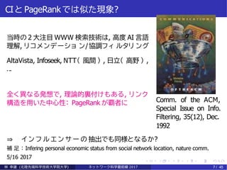 CIと PageRankでは似た現象?
当時の 2 大注目 WWW 検索技術は, 高度 AI 言語
理解, リコメンデーショ ン/協調フィ ルタリ ング
AltaVista, Infoseek, NTT（ 風間 ） , 日立（ 高野 ） ,
...
全く異なる発想で, 理論的裏付けもある, リンク
構造を用いた中心性： PageRank が覇者に Comm. of the ACM,
Special Issue on Info.
Filtering, 35(12), Dec.
1992
⇒ イ ン フ ル エ ン サ ー の 抽出でも同様となるか?
補 足 ： Infering personal economic status from social network location, nature comm.
5/16 2017
林 幸雄 (北陸先端科学技術大学院大学) ネッ ト ワーク科学最前線 2017 7 / 45
 