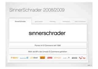 SinnerSchrader 2008/2009

    SinnerSchrader          spot-media       mediaby          newtention    next commerce




                             E-Shop                            Proﬁling &
  E-Commerce &             Maintenance     Performance                      E-Commerce
                                                               Targeting
 Marketing Platforms                        Marketing
                                                              Technology
                                                                            Outsourcing
                             E-Dialog




                            Pionier im E-Commerce seit 1996


                     Mehr als 80% des Umsatz E-Commerce-getrieben




                                                                                            Slide 4
 