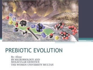 PREBIOTIC EVOLUTION
By: Alizay
BS MICROBIOLOGY AND
MOLECULAR GENETICS
THE WOMEN UNIVERSITY MULTAN
 