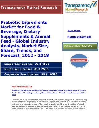 Transparency Market Research



Prebiotic Ingredients
Market for Food &
                                                                         Buy Now
Beverage, Dietary
Supplements & Animal                                                     Request Sample
Feed - Global Industry
Analysis, Market Size,                                               Published Date: Feb 2013
Share, Trends, and
Forecast, 2012 - 2018
                                                                               134 Pages Report

 Single User License: US $ 4595

 Multi User License: US $ 7595

 Corporate User License: US $ 10595



     REPORT DESCRIPTION

     Prebiotic Ingredients Market for Food & Beverage, Dietary Supplements & Animal
     Feed - Global Industry Analysis, Market Size, Share, Trends, and Forecast, 2012 -
     2018

     The research study analyzes the prebiotics market from a global perspective, understanding
     market dynamics, segmenting the market on regional and application levels while providing
     estimates and forecasts for each. The report strives to provide a holistic picture of supply
     and demand characteristics of prebiotic ingredients by providing historical data from 2009
     and a forecast of market numbers until 2018 along with analysis of revenues and volumes.
 