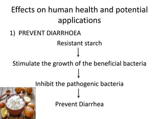 Effects on human health and potential
applications
1) PREVENT DIARRHOEA
Resistant starch
Stimulate the growth of the beneficial bacteria
Inhibit the pathogenic bacteria
Prevent Diarrhea
 