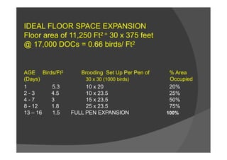 IDEAL FLOOR SPACE EXPANSION
Floor area of 11,250 Ft2 = 30 x 375 feet
@ 17,000 DOCs = 0.66 birds/ Ft2
AGE Birds/Ft2 Brooding Set Up Per Pen of % Area
(Days) 30 x 30 (1000 birds) Occupied
1 5.3 10 x 20 20%
2 - 3 4.5 10 x 23.5 25%
4 - 7 3 15 x 23.5 50%
8 - 12 1.8 25 x 23.5 75%
13 – 16 1.5 FULL PEN EXPANSION 100%
 