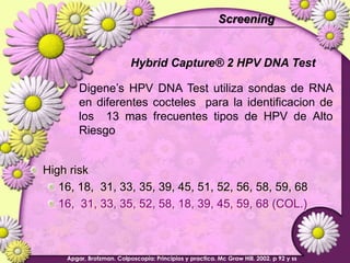 Hybrid Capture® 2 HPV DNA TestMuestra CervicalApgar, Brotzman. Colposcopia: Principios y practica. Mc Graw Hill. 2002. p 92 y ss