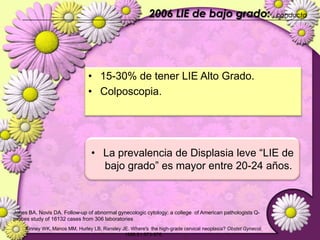 2006 AGC:  Atipias en células glandulares7-54% de estas pacientes tienen NIC.2006 ConsensusGuidelinesforthe Management of WomenWith CervicalCytologicalAbnormalities0-8% tienen Carcinoma in situ  y  1-9 % Carcinoma invasor de endocervix.Recomendación:   Colposcopia + 	legrado endo-cervical>35: Legrado endometrial