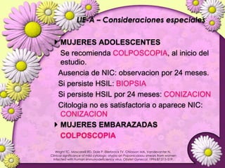 La prevalencia de Displasia leve “LIE de bajo grado” es mayor entre 20-24 años.Jones BA, Novis DA. Follow-up of abnormalgynecologiccytology: a college  of American pathologists Q-probesstudy of 16132 cases from 306 laboratoriesKinney WK, Manos MM, Hurley LB, Ransley JE. Where'sthehigh-grade cervical neoplasia? ObstetGynecol. 1998;91:973-976. 