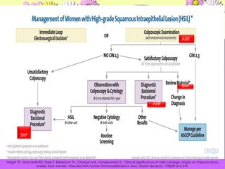 LIE-B – Consideraciones especialesADOLESCENTESseguimientoanual con citologia  12 meses          COLPOSCOPIA24 meses           ASCUS        COLPOSCOPIAMUJERES POSMENOPAUSICAS  citologia cada 6 – 12 meses  colposcopiaWright TC, Moscarelli RD, Dole P, Ellerbrock TV, Chiasson MA, Vandevanter N.Clinicalsignificance of mildcytologicatypiaon Papanicolaou smearsfromwomeninfectedwithhumanimmunodeficiency virus. ObstetGynecol. 1996;87:515-519. 