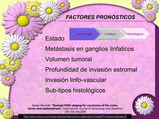 CUADRO CLÍNICOPreinvasor y estadíosinicialesAsintomáticoAvanzadosSangrado80% de los casos.OtrosLeucorrea, Sinusorragia, Dispareunia, Dolor pélvico, S. Urinarios y/o DigestivosSergio Pecorelli. “Revised FIGO staging for carcinoma of the vulva,cervix and endometrium”. International Journal of Gynecology and Obstetrics105:103-104,2009