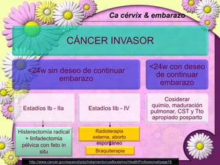 IIB: Con invasion parametrial obviaESTADÍO III: El tumor se extiende a la pared pélvica y/oinvolucra el tercio inferior de la vagina y/ocausa hidronefrosis o riñón no funcionanteIIIA El tumor involucra el tercio inferior de lavagina, sin extensión a la pared pélvicaIIIB Extensión a la pared pélvica y/ohidronefrosis o riñón no funcionante