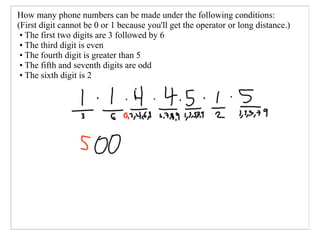 How many phone numbers can be made under the following conditions:
(First digit cannot be 0 or 1 because you'll get the operator or long distance.)
 • The first two digits are 3 followed by 6
 • The third digit is even
 • The fourth digit is greater than 5
 • The fifth and seventh digits are odd
 • The sixth digit is 2