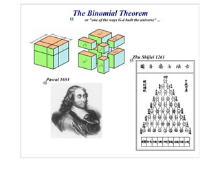 The Binomial Theorem
                 or "one of the ways G-d built the universe" ...




                                              Zhu Shijiei 1261



Pascal 1653