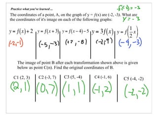 Practice what you've learned ...
The coordinates of a point, A, on the graph of y = ƒ(x) are (-2, -3). What are
the coordinates of it's image on each of the following graphs:




     The image of point B after each transformation shown above is given
     below as point C(n). Find the original coordinates of B.

  C1 (2, 3)          C2 (-3, 7)    C3 (5, -4)      C4 (-1, 6)        C5 (-4, -2)