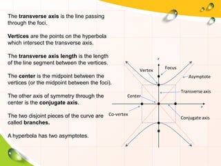 The transverse axis is the line passing
through the foci.
Vertices are the points on the hyperbola
which intersect the transverse axis.
The transverse axis length is the length
of the line segment between the vertices.
The center is the midpoint between the
vertices (or the midpoint between the foci).
The other axis of symmetry through the
center is the conjugate axis.
The two disjoint pieces of the curve are
called branches.
A hyperbola has two asymptotes.
x
y
Vertex
Focus
Asymptote
Center
Co-vertex
Transverse axis
Conjugate axis
 