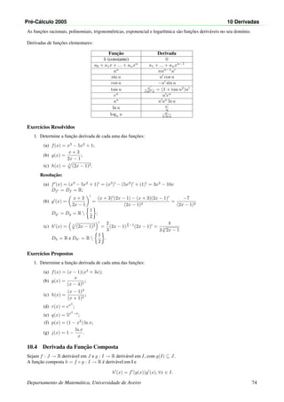 Pr´e-C´alculo 2005 10 Derivadas
As func¸˜oes racionais, polinomiais, trigonom´etricas, exponencial e logar´ıtmica s˜ao func¸˜oes deriv´aveis no seu dom´ınio.
Derivadas de func¸˜oes elementares:
Func¸˜ao Derivada
k (constante) 0
a0 + a1x + ... + anxn
a1 + ... + anxn−1
un
nun−1
u
sin u u cos u
cos u −u sin u
tan u u
cos2 u = (1 + tan u2
)u
eu
u eu
au
u au
ln a
ln u u
u
loga u u
u ln a
Exerc´ıcios Resolvidos
1. Determine a func¸˜ao derivada de cada uma das func¸˜oes:
(a) f(x) = x3
− 5x2
+ 1;
(b) g(x) =
x + 3
2x − 1
;
(c) h(x) = 3
(2x − 1)2.
Resoluc¸˜ao:
(a) f (x) = (x3
− 5x2
+ 1) = (x3
) − (5x2
) + (1) = 3x2
− 10x
Df = Df = R;
(b) g (x) =
x + 3
2x − 1
=
(x + 3) (2x − 1) − (x + 3)(2x − 1)
(2x − 1)2
=
−7
(2x − 1)2
Dg = Dg = R 
1
2
;
(c) h (x) = 3
(2x − 1)2 =
2
3
(2x − 1)
2
3 −1
(2x − 1) =
4
3 3
√
2x − 1
Dh = R e Dh = R 
1
2
.
Exerc´ıcios Propostos
1. Determine a func¸˜ao derivada de cada uma das func¸˜oes:
(a) f(x) = (x − 1)(x2
+ 3x);
(b) g(x) =
x
(x − 4)2
;
(c) h(x) =
(x − 1)3
(x + 1)2
;
(d) r(x) = ex2
;
(e) q(x) = 5x2
−x
;
(f) p(x) = (1 − x2
) ln x;
(g) j(x) = 1 −
ln x
x
.
10.4 Derivada da Func¸˜ao Composta
Sejam f : J → R deriv´avel em J e g : I → R deriv´avel em I, com g(I) ⊆ J.
A func¸˜ao composta h = f ◦ g : I → R ´e deriv´avel em I e
h (x) = f (g(x))g (x), ∀x ∈ I.
Departamento de Matem´atica, Universidade de Aveiro 74
 
