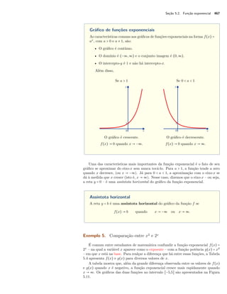Seção 5.2. Função exponencial 467
Gráﬁco de funções exponenciais
As características comuns aos gráﬁcos de funções exponenciais na forma f(x) =
ax
, com a > 0 e a ≠ 1, são:
• O gráﬁco é contínuo.
• O domínio é (−∞,∞) e o conjunto imagem é (0,∞).
• O intercepto-y é 1 e não há intercepto-x.
Além disso,
Se a > 1 Se 0 < a < 1
O gráﬁco é crescente. O gráﬁco é decrescente.
f(x) → 0 quando x → −∞. f(x) → 0 quando x → ∞.
Uma das características mais importantes da função exponencial é o fato de seu
gráﬁco se aproximar do eixo-x sem nunca tocá-lo. Para a > 1, a função tende a zero
quando x decresce, (ou x → −∞). Já para 0 < a < 1, a aproximação com o eixo-x se
dá à medida que x cresce (isto é, x → ∞). Nesse caso, dizemos que o eixo-x – ou seja,
a reta y = 0 – é uma assíntota horizontal do gráﬁco da função exponencial.
Assíntota horizontal
A reta y = b é uma assintota horizontal do gráﬁco da função f se
f(x) → b quando x → −∞ ou x → ∞.
Exemplo 5. Comparação entre x2 e 2x
É comum entre estudantes de matemática confundir a função exponencial f(x) =
2x
– na qual a variável x aparece como o expoente – com a função potência g(x) = x2
– em que x está na base. Para realçar a diferença que há entre essas funções, a Tabela
5.4 apresenta f(x) e g(x) para diversos valores de x.
A tabela mostra que, além da grande diferença observada entre os valores de f(x)
e g(x) quando x é negativo, a função exponencial cresce mais rapidamente quando
x → ∞. Os gráﬁcos das duas funções no intervalo [−5,5] são apresentados na Figura
5.11.
 