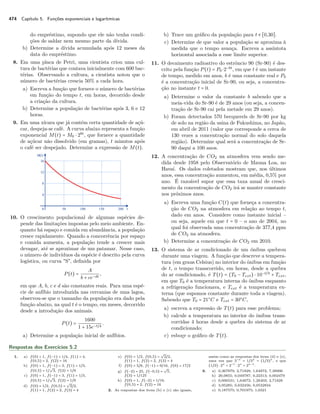 474 Capítulo 5. Funções exponenciais e logarítmicas
do empréstimo, supondo que ele não tenha condi-
ções de saldar nem mesmo parte da dívida.
b) Determine a dívida acumulada após 12 meses da
data do empréstimo.
8. Em uma placa de Petri, uma cientista criou uma cul-
tura de bactérias que contava inicialmente com 600 bac-
térias. Observando a cultura, a cientista notou que o
número de bactérias crescia 50% a cada hora.
a) Escreva a função que fornece o número de bactérias
em função do tempo t, em horas, decorrido desde
a criação da cultura.
b) Determine a população de bactérias após 3, 6 e 12
horas.
9. Em uma xícara que já contém certa quantidade de açú-
car, despeja-se café. A curva abaixo representa a função
exponencial M(t) = M0 ⋅ 2bt
, que fornece a quantidade
de açúcar não dissolvido (em gramas), t minutos após
o café ser despejado. Determine a expressão de M(t).
10. O crescimento populacional de algumas espécies de-
pende das limitações impostas pelo meio ambiente. En-
quanto há espaço e comida em abundância, a população
cresce rapidamente. Quando a concorrência por espaço
e comida aumenta, a população tende a crescer mais
devagar, até se aproximar de um patamar. Nesse caso,
o número de indivíduos da espécie é descrito pela curva
logística, ou curva "S", deﬁnida por
P(t) =
A
b + ce−dt
,
em que A, b, c e d são constantes reais. Para uma espé-
cie de anfíbio introduzida nas cercanias de uma lagoa,
observou-se que o tamanho da população era dado pela
função abaixo, na qual t é o tempo, em meses, decorrido
desde a introdução dos animais.
P(t) =
1600
1 + 15e−t/4
.
a) Determine a população inicial de anfíbios.
b) Trace um gráﬁco da população para t ∈ [0,30].
c) Determine de que valor a população se aproxima à
medida que o tempo avança. Escreva a assíntota
horizontal associada a esse limite superior.
11. O decaimento radioativo do estrôncio 90 (Sr-90) é des-
crito pela função P(t) = P0 ⋅2−bt
, em que t é um instante
de tempo, medido em anos, b é uma constante real e P0
é a concentração inicial de Sr-90, ou seja, a concentra-
ção no instante t = 0.
a) Determine o valor da constante b sabendo que a
meia-vida do Sr-90 é de 29 anos (ou seja, a concen-
tração de Sr-90 cai pela metade em 29 anos).
b) Foram detectados 570 becquerels de Sr-90 por kg
de solo na região da usina de Fukushima, no Japão,
em abril de 2011 (valor que corresponde a cerca de
130 vezes a concentração normal do solo daquela
região). Determine qual será a concentração de Sr-
90 daqui a 100 anos.
12. A concentração de CO2 na atmosfera vem sendo me-
dida desde 1958 pelo Observatório de Mauna Loa, no
Havaí. Os dados coletados mostram que, nos últimos
anos, essa concentração aumentou, em média, 0,5% por
ano. É razoável supor que essa taxa anual de cresci-
mento da concentração de CO2 irá se manter constante
nos próximos anos.
a) Escreva uma função C(t) que forneça a concentra-
ção de CO2 na atmosfera em relação ao tempo t,
dado em anos. Considere como instante inicial –
ou seja, aquele em que t = 0 – o ano de 2004, no
qual foi observada uma concentração de 377,4 ppm
de CO2 na atmosfera.
b) Determine a concentração de CO2 em 2010.
13. O sistema de ar condicionado de um ônibus quebrou
durante uma viagem. A função que descreve a tempera-
tura (em graus Celsius) no interior do ônibus em função
de t, o tempo transcorrido, em horas, desde a quebra
do ar condicionado, é T(t) = (T0 − Text) ⋅ 10−t/4
+ Text,
em que T0 é a temperatura interna do ônibus enquanto
a refrigeração funcionava, e Text é a temperatura ex-
terna (que supomos constante durante toda a viagem).
Sabendo que T0 = 21○
C e Text = 30○
C,
a) escreva a expressão de T(t) para esse problema;
b) calcule a temperatura no interior do ônibus trans-
corridas 4 horas desde a quebra do sistema de ar
condicionado;
c) esboçe o gráﬁco de T(t).
Respostas dos Exercícios 5.2
1. a) f(0) = 1, f(−1) = 1/4, f(1) = 4,
f(0,5) = 2, f(2) = 16
b) f(0) = 1, f(−1) = 3, f(1) = 1/3,
f(0,5) = 1/
√
3, f(2) = 1/9
c) f(0) = 1, f(−1) = 3, f(1) = 1/3,
f(0,5) = 1/
√
3, f(2) = 1/9
d) f(0) = 1/2, f(0,5) =
√
2/2,
f(1) = 1, f(2) = 2, f(3) = 4
e) f(0) = 1/2, f(0,5) =
√
2/2,
f(1) = 1, f(2) = 2, f(3) = 4
f) f(0) = 5/8, f(−1) = 9/16, f(6) = 17/2
g) f(−2) = 25, f(−0,5) =
√
5,
f(3) = 1/125
h) f(0) = 1, f(−2) = 1/16,
f(0,5) = 2, f(2) = 16
2. As respostas dos itens (b) e (c) são iguais,
assim como as respostas dos itens (d) e (e),
uma vez que 3−x
= 1/3x
= (1/3)x
, e que
(1/2) ⋅ 2x
= 2−1
⋅ 2x
= 2x−1
.
3. a) 0,367879; 2,71828; 1,64872; 7,38906
b) 20,0855; 0,049787; 0,22313; 0,002479
c) 0,606531; 1,64872; 1,28403; 2,71828
d) 3,95285; 0,632456; 0,0532834
e) 0,187575; 0,701975; 1,0321
 