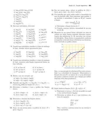 Seção 5.3. Função logarítmica 489
e) log1/6(1/3) + log1/6(1/12)
f) log√
3(18) − log√
3(2)
g) loge(e5
) + loge(e2
)
h) loge(e5
) ⋅ loge(e2
)
i) log2(85
)
j) log2( 1
43 )
k) log3(811/5
)
6. Sem usar calculadora, determine
a) log2(1)
b) log1/5(1)
c) log5(5)
d) log1/2(1/2)
e) log5(53
)
f) log4(4−1/3
)
g) log2(32)
h) log3(81)
i) log2(1/8)
j) log2(0,25)
k) log3(
√
3)
l) log3( 4
√
3)
m) log3(
5
√
33)
n) log4(2)
o) log8(2)
p) log√
3(3)
q) 2log2(5)
r) 10log(7)
s) eloge(8)
t) eloge(1/3)
7. Usando uma calculadora cientíﬁca e a regra de mudança
de base, obtenha valores aproximados para
a) log2(3)
b) log5(2)
c) log8(24)
d) log6( 1
12
)
e) log1/3(8)
f) log2,5(3,1)
g) log1/3(9)
h) log4(625)
i) log0,1(16)
8. Usando uma calculadora cientíﬁca e a regra de mudança
de base, reescreva cada função exponencial abaixo na
base indicada.
a) 2x
na base 10
b) 10x
na base 5
c) 54x
na base 2
d) 4x
na base e
e) ex
na base 10
f) (1
2
)x
na base 3
9. Mostre, com um exemplo, que
a) log(a + b) ≠ log(a) + log(b)
b) log(a − b) ≠ log(a) − log(b)
10. Supondo que logx(2) = a, logx(3) = b e logx(7) = c,
escreva logx(756) em função de a, b e c.
11. Determine o domínio e trace o gráﬁco das funções
abaixo.
a) f(x) = 2log(x − 1)
b) f(x) = log(x + 2)
c) f(x) = −log(x + 1)
d) f(x) = log(1 − x)
12. Determine o domínio das funções abaixo.
a) f(x) = log2(2x − 5)
b) f(x) = log(15 − 4x2
)
c) f(x) = ln(−x2
+ 2x + 3)
13. Trace, em um mesmo plano, os gráﬁcos de f(x) = 3x
e
g(x) = log3(x).
14. Em um mesmo plano, esboce os gráﬁcos de f(x) =
ln(x), g(x) = ln(x − 2) e h(x) = ln(1/x).
15. Um aparelho que mede ruídos indica a intensidade do
som em decibéis (dB). Para relacionar uma medida β,
em decibéis, à intensidade I, dada em W/m2
, usamos
a função
β(I) = 10log (
I
10−12
).
a) Determine a função inversa de β.
b) Usando a inversa, calcule a intensidade de um som
de 20 dB.
16. Hemácias de um animal foram colocadas em meio de
cultura em vários frascos contendo diferentes concen-
trações das substâncias A e B, marcadas com isótopo
de hidrogênio. Dessa forma os pesquisadores puderam
acompanhar a entrada dessas substâncias nas hemácias,
como mostrado no gráﬁco abaixo.
Seja x a concentração de substância B no meio extrace-
lular e y a velocidade de transporte. Observando-se o
formato da curva B e os valores de x e y em determina-
dos pontos, podemos concluir que a função que melhor
relaciona essas duas grandezas é
a) y =
4+log2(x)
2
b) y = 1 − log2(x + 1)
c) y = 8
3
(1 − 2−2x
)
d) y = 3x
− 1
17. Sejam dadas as funções f(x) = 8
42x e g(x) = 4x
.
a) Represente a curva y = f(x) em um gráﬁco no qual
o eixo vertical fornece log2(y).
b) Determine os valores de y e z que resolvem o sis-
tema de equações
f(z) = g(y)
f(y)
g(z)
= 1
Dica: converta o sistema acima em um sistema li-
near equivalente.
 