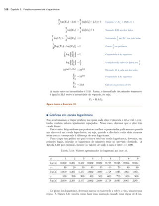 518 Capítulo 5. Funções exponenciais e logarítmicas
2
3
log(E1) − 2,93 =
2
3
log(E2) − 2,93 + 1 Equação M(E1) = M(E2) + 1.
2
3
log(E1) =
2
3
log(E2) + 1 Somando 2,93 aos dois lados.
2
3
log(E1) −
2
3
log(E2) = 1 Subtraindo
2
3
log(E2) dos dois lados.
2
3
[log(E1) − log(E2)] = 1 Pondo
2
3
em evidência.
2
3
log (
E1
E2
) = 1 Propriedade 6 do logaritmo.
log (
E1
E2
) =
3
2
Multiplicando ambos os lados por
3
2
.
10log(E1/E2)
= 103/2
Elevando 10 a cada um dos lados.
E1
E2
= 103/2
Propriedade 4 do logaritmo.
E1
E2
= 31,6 Cálculo da potência de 10.
A razão entre as intensidades é 31,6. Assim, a intensidade do primeiro terremoto
é igual a 31,6 vezes a intensidade do segundo, ou seja,
E1 = 31,6E2.
Agora, tente o Exercício 10.
∎ Gráﬁcos em escala logarítmica
Nos acostumamos a traçar gráﬁcos nos quais cada eixo representa a reta real e, por-
tanto, contém valores igualmente espaçados. Nesse caso, dizemos que o eixo tem
escala linear.
Entretanto, há grandezas que podem ser melhor representadas graﬁcamente quando
um eixo está em escala logarítmica, ou seja, quando a distância entre dois números
sobre o eixo corresponde à diferença de seus logaritmos.
Para traçar um gráﬁco no qual o eixo-x está em escala logarítmica, devemos, em
primeiro lugar, calcular os logaritmos de números reais no intervalo desejado. A
Tabela 5.10, por exemplo, fornece os valores de log(x) para x entre 1 e 1000.
Tabela 5.10: Valores aproximados do logaritmo na base 10.
x 1 2 3 4 5 6 7 8 9
log(x) 0,000 0,301 0,477 0,602 0,699 0,778 0,845 0,903 0,954
x 10 20 30 40 50 60 70 80 90
log(x) 1,000 1,301 1,477 1,602 1,699 1,778 1,845 1,903 1,954
x 100 200 300 400 500 600 700 800 900
log(x) 2,000 2,301 2,477 2,602 2,699 2,778 2,845 2,903 2,954
De posse dos logaritmos, devemos marcar os valores de x sobre o eixo, usando uma
régua. A Figura 5.31 mostra como fazer essa marcação usando uma régua de 3 dm,
 