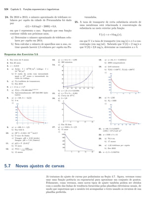 524 Capítulo 5. Funções exponenciais e logarítmicas
24. De 2010 a 2013, o número aproximado de telefones ce-
lulares per capita da cidade de Poturandaba foi dado
por
c(t) = 0,6log(t − 2009) + 0,8,
em que t representa o ano. Supondo que essa função
continue válida nos próximos anos,
a) Determine o número aproximado de telefones celu-
lares per capita em 2014.
b) Sem calcular o número de aparelhos ano a ano, es-
time quando haverá 1,5 celulares per capita em Po-
turandaba.
25. A taxa de transporte de certa substância através de
uma membrana está relacionada à concentração da
substância no meio exterior pela função
V (x) = a + blog2(x),
em que V é a taxa de transporte (em mg/s) e x é a con-
centração (em mg/ml). Sabendo que V (1) = 2 mg/s e
que V (3) = 2,8 mg/s, determine as constantes a e b.
Respostas dos Exercícios 5.6
1. Em cerca de 9 meses.
2. Em 20 anos.
3. c = −0,019
4. a) Avião: I = 104
W/m2
, tráfego: I =
10−4
W/m2
.
b) O ruído do avião tem intensidade
igual a 108
vezes a intensidade do
ruído do tráfego.
5. a) 75,4 milhões de transistores
b) Em 2010
6. x < −2 ou x > 1/7
7. a) P (t) = 170.000.000e0,0111t
b) Aproximadamente 207.640.000 habi-
tantes.
8. a) a = 120, b = − ln(2)
b) 3 m
c)
9. a) a = 400, b = −1/2
b) Em 8,64 h
10. a) [H+
] = 3,162 × 10−11
mol/l
b) O suco de limão.
c) Vinagre: pH = 3,52 (ácido)
Sangue: pH = 7,41 (básico)
11. a) p(t) = F ⋅ (0,81)t
b) 15 anos
12. a) P (t) = 1000
1+9e−t⋅ln(3)/3
b) 12 meses
13. a) a = 54 e b = −1/90
b) 360 minutos.
14. a)
b) a = 1,6 e b ≈ 0,01994
15. a) a = 75 e b = −0,061
b) Cerca de 37○
C.
16. a) b = 1/8
b)
c) Em 32 dias.
17. a) a = 1024 e b = 1/5
b) 15 anos
c)
18. a) a = 64, b = −0.805012
b) 2000 computadores
19. a) 2,64 minutos
b) T (0) = 1100○
C, T (12) = 200○
C
c)
20. a) b = 1/30
b) P0 = 1000
c)
21. a = 80, b ≈ 0,04875
c(20) = 157,2 mil m2
22. a = 1500 e b = 15
23. a) 70,4 cm
b) 17 meses
24. a) 1,22 telefones per capita
b) Em 2023
25. a = 2, b = 0.504744
5.7 Novos ajustes de curvas
Já tratamos do ajuste de curvas por polinômios na Seção 4.7. Agora, veremos como
usar uma função potência ou exponencial para aproximar um conjunto de pontos.
Felizmente, como veremos, esses novos tipos de ajuste também podem ser obtidos
com o auxílio das linhas de tendência fornecidas pelas planilhas eletrônicas usuais, de
modo que suporemos que o usuário irá acompanhar o texto usando os recursos de sua
planilha preferida.
 