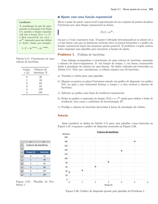 Seção 5.7. Novos ajustes de curvas 525
∎ Ajuste com uma função exponencial
Lembrete
À semelhança do que foi apre-
sentado no Exemplo 9 da Seção
5.3, quando a função exponen-
cial tem a forma f(x) = a ⋅ dx
,
é fácil convertê-la em f(x) =
aebx
, bastando para isso deﬁnir
b = ln(d). Assim, por exemplo,
5 ⋅ 3x
= 5eln(3)x
≈ 5e1,0986x
.
Dá-se o nome de ajuste exponencial à aproximação de um conjunto de pontos do plano
Cartesiano por uma função exponencial na forma
f(x) = aebx
,
em que a e b são constantes reais. O ajuste é efetuado determinando-se os valores de a
e b que fazem com que as distâncias verticais entre os pontos fornecidos e o gráﬁco da
função exponencial sejam tão pequenas quanto possível. O problema a seguir mostra
como empregar uma planilha para encontrar a função de ajuste.
Problema 1. Colônia de bactérias
Tabela 5.11: Crescimento de uma
cultura de bactérias.
tempo, Número de
t (h) bactérias, N
0 35
1 44
2 62
3 84
4 137
5 181
Uma bióloga acompanhou o crescimento de uma cultura de bactérias, anotando
o número de micro-organismos, N, em função do tempo, t, em horas, transcorrido
desde a instalação da cultura em uma lâmina. Os dados coletados são fornecidos na
Tabela 5.11. Note que, inicialmente, a colônia contava com 35 bactérias.
a) Transﬁra a tabela para uma planilha.
b) Marque os pontos no plano Cartesiano usando um gráﬁco de dispersão (ou gráﬁco
XY) no qual o eixo horizontal forneça o tempo e o eixo vertical o número de
bactérias.
c) Adicione ao gráﬁco uma linha de tendência exponencial.
d) Exiba no gráﬁco a expressão da função N(t) = a ⋅ ebt
usada para deﬁnir a linha de
tendência, bem como o coeﬁciente de determinação R2
.
e) Prediga o número de bactérias decorridas 8 horas da instalação da colônia.
Solução.
Após transferir os dados da Tabela 5.11 para uma planilha, como ilustrado na
Figura 5.37, traçamos o gráﬁco de dispersão mostrado na Figura 5.38.
Figura 5.37: Planilha do Pro-
blema 1.
Figura 5.38: Gráﬁco de dispersão gerado pela planilha do Problema 1.
 