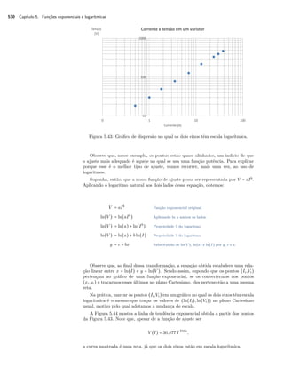 530 Capítulo 5. Funções exponenciais e logarítmicas
Figura 5.43: Gráﬁco de dispersão no qual os dois eixos têm escala logarítmica.
Observe que, nesse exemplo, os pontos estão quase alinhados, um indício de que
o ajuste mais adequado é aquele no qual se usa uma função potência. Para explicar
porque esse é o melhor tipo de ajuste, vamos recorrer, mais uma vez, ao uso de
logaritmos.
Suponha, então, que a nossa função de ajuste possa ser representada por V = aIb
.
Aplicando o logaritmo natural aos dois lados dessa equação, obtemos:
V = aIb
Função exponencial original.
ln(V ) = ln(aIb
) Aplicando ln a ambos os lados.
ln(V ) = ln(a) + ln(Ib
) Propriedade 5 do logaritmo.
ln(V ) = ln(a) + bln(I) Propriedade 3 do logaritmo.
y = c + bx Substituição de ln(V ), ln(a) e ln(I) por y, c e x.
Observe que, ao ﬁnal dessa transformação, a equação obtida estabelece uma rela-
ção linear entre x = ln(I) e y = ln(V ). Sendo assim, supondo que os pontos (Ii,Vi)
pertençam ao gráﬁco de uma função exponencial, se os convertermos nos pontos
(xi,yi) e traçarmos esses últimos no plano Cartesiano, eles pertencerão a uma mesma
reta.
Na prática, marcar os pontos (Ii,Vi) em um gráﬁco no qual os dois eixos têm escala
logarítmica é o mesmo que traçar os valores de (ln(Ii),ln(Vi)) no plano Cartesiano
usual, motivo pelo qual adotamos a mudança de escala.
A Figura 5.44 mostra a linha de tendência exponencial obtida a partir dos pontos
da Figura 5.43. Note que, apesar de a função de ajuste ser
V (I) = 30,877 I 7551
,
a curva mostrada é uma reta, já que os dois eixos estão em escala logarítmica.
 