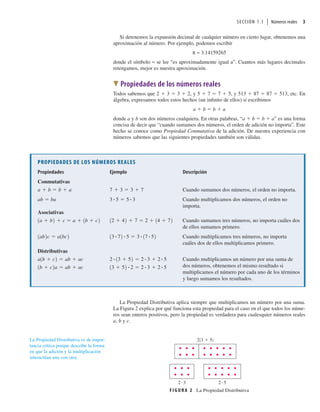 SECCIÓN 1.1 | Números reales 3
Si detenemos la expansión decimal de cualquier número en cierto lugar, obtenemos una
aproximación al número. Por ejemplo, podemos escribir
π ≈ 3.14159265
donde el símbolo ≈ se lee “es aproximadamente igual a”. Cuantos más lugares decimales
retengamos, mejor es nuestra aproximación.
W Propiedades de los números reales
Todos sabemos que 2  3  3  2, y 5  7  7  5, y 513  87  87  513, etc. En
álgebra, expresamos todos estos hechos (un inﬁnito de ellos) si escribimos
a  b  b  a
donde a y b son dos números cualquiera. En otras palabras, “a  b  b  a” es una forma
concisa de decir que “cuando sumamos dos números, el orden de adición no importa”. Este
hecho se conoce como Propiedad Conmutativa de la adición. De nuestra experiencia con
números sabemos que las siguientes propiedades también son válidas.
PROPIEDADES DE LOS NÚMEROS REALES
Propiedades Ejemplo Descripción
Conmutativas
Cuando sumamos dos números, el orden no importa.
Cuando multiplicamos dos números, el orden no
importa.
Asociativas
Cuando sumamos tres números, no importa cuáles dos
de ellos sumamos primero.
Cuando multiplicamos tres números, no importa
cuáles dos de ellos multiplicamos primero.
Distributivas
Cuando multiplicamos un número por una suma de
dos números, obtenemos el mismo resultado si
multiplicamos el número por cada uno de los términos
y luego sumamos los resultados.
13 52 # 2 2 # 3 2 # 5
1b c2a ab ac
2 # 13 52 2 # 3 2 # 5
a1b c2 ab ac
13 # 72 # 5 3 # 17 # 52
1ab2c a1bc2
12 42 7 2 14 72
1a b2 c a 1b c2
3 # 5 5 # 3
ab ba
7 3 3 7
a b b a
La Propiedad Distributiva aplica siempre que multiplicamos un número por una suma.
La Figura 2 explica por qué funciona esta propiedad para el caso en el que todos los núme-
ros sean enteros positivos, pero la propiedad es verdadera para cualesquier números reales
a, b y c.
La Propiedad Distributiva es de impor-
tancia crítica porque describe la forma
en que la adición y la multiplicación
interactúan una con otra.
F I G U R A 2 La Propiedad Distributiva
2(3+5)
2#3 2#5
 