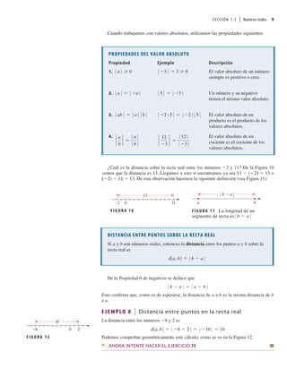 SECCIÓN 1.1 | Números reales 9
Cuando trabajamos con valores absolutos, utilizamos las propiedades siguientes:
PROPIEDADES DEL VALOR ABSOLUTO
Descripción
Ejemplo
Propiedad
1. El valor absoluto de un número
siempre es positivo o cero.
2. Un número y su negativo
tienen el mismo valor absoluto.
3. El valor absoluto de un
producto es el producto de los
valores absolutos.
4. El valor absoluto de un
cociente es el cociente de los
valores absolutos.
`
12
3
`
0 12 0
0 3 0
`
a
b
`
0 a 0
0 b 0
0 2 # 5 0 0 2 0 0 5 0
0 ab 0 0 a 0 0 b 0
0 5 0 0 5 0
0 a 0 0 a 0
0 3 0 3 0
0 a 0 0
DISTANCIA ENTRE PUNTOS SOBRE LA RECTA REAL
Si a y b son números reales, entonces la distancia entre los puntos a y b sobre la
recta real es
d1a, b2 0 b a 0
¿Cuál es la distancia sobre la recta real entre los números 2 y 11? De la Figura 10
vemos que la distancia es 13. Llegamos a esto si encontramos ya sea 011  (2)0  13 o
0(2)  110  13. De esta observación hacemos la siguiente deﬁnición (vea Figura 11).
F I G U R A 1 0
11
0
_2
13
F I G U R A 1 1 La longitud de un
segmento de recta es 0 b  a 0
b
a
| b-a |
De la Propiedad 6 de negativos se deduce que
0 b a 0 0 a b 0
Esto conﬁrma que, como es de esperarse, la distancia de a a b es la misma distancia de b
a a.
E J E M P LO 8 Distancia entre puntos en la recta real
La distancia entre los números 8 y 2 es
d1a, b2 0 8 2 0 0 10 0 10
Podemos comprobar geométricamente este cálculo, como se ve en la Figura 12.
AHORA INTENTE HACER EL EJERCICIO 73 Q
2
0
_8
10
F I G U R A 1 2
 