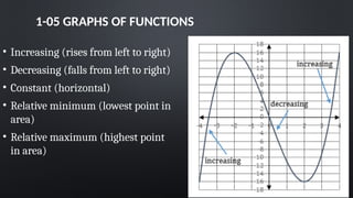 1-05 GRAPHS OF FUNCTIONS
• Increasing (rises from left to right)
• Decreasing (falls from left to right)
• Constant (horizontal)
• Relative minimum (lowest point in
area)
• Relative maximum (highest point
in area)
 