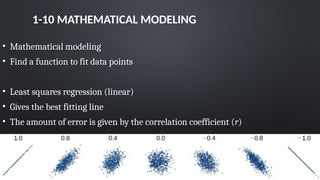 1-10 MATHEMATICAL MODELING
• Mathematical modeling
• Find a function to fit data points
• Least squares regression (linear)
• Gives the best fitting line
• The amount of error is given by the correlation coefficient (r)
 