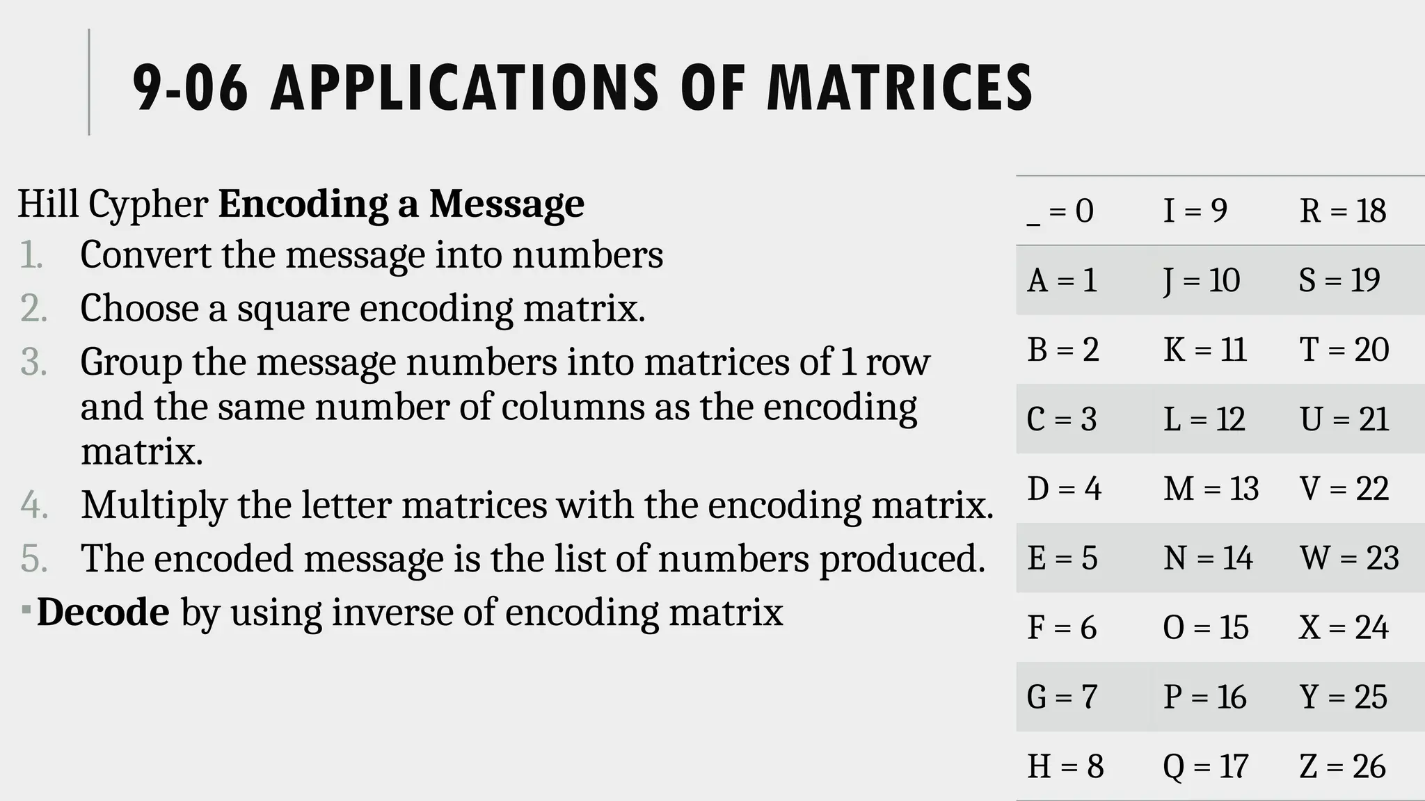 9-06 APPLICATIONS OF MATRICES
Hill Cypher Encoding a Message
1. Convert the message into numbers
2. Choose a square encoding matrix.
3. Group the message numbers into matrices of 1 row
and the same number of columns as the encoding
matrix.
4. Multiply the letter matrices with the encoding matrix.
5. The encoded message is the list of numbers produced.
Decode by using inverse of encoding matrix
_ = 0 I = 9 R = 18
A = 1 J = 10 S = 19
B = 2 K = 11 T = 20
C = 3 L = 12 U = 21
D = 4 M = 13 V = 22
E = 5 N = 14 W = 23
F = 6 O = 15 X = 24
G = 7 P = 16 Y = 25
H = 8 Q = 17 Z = 26
 