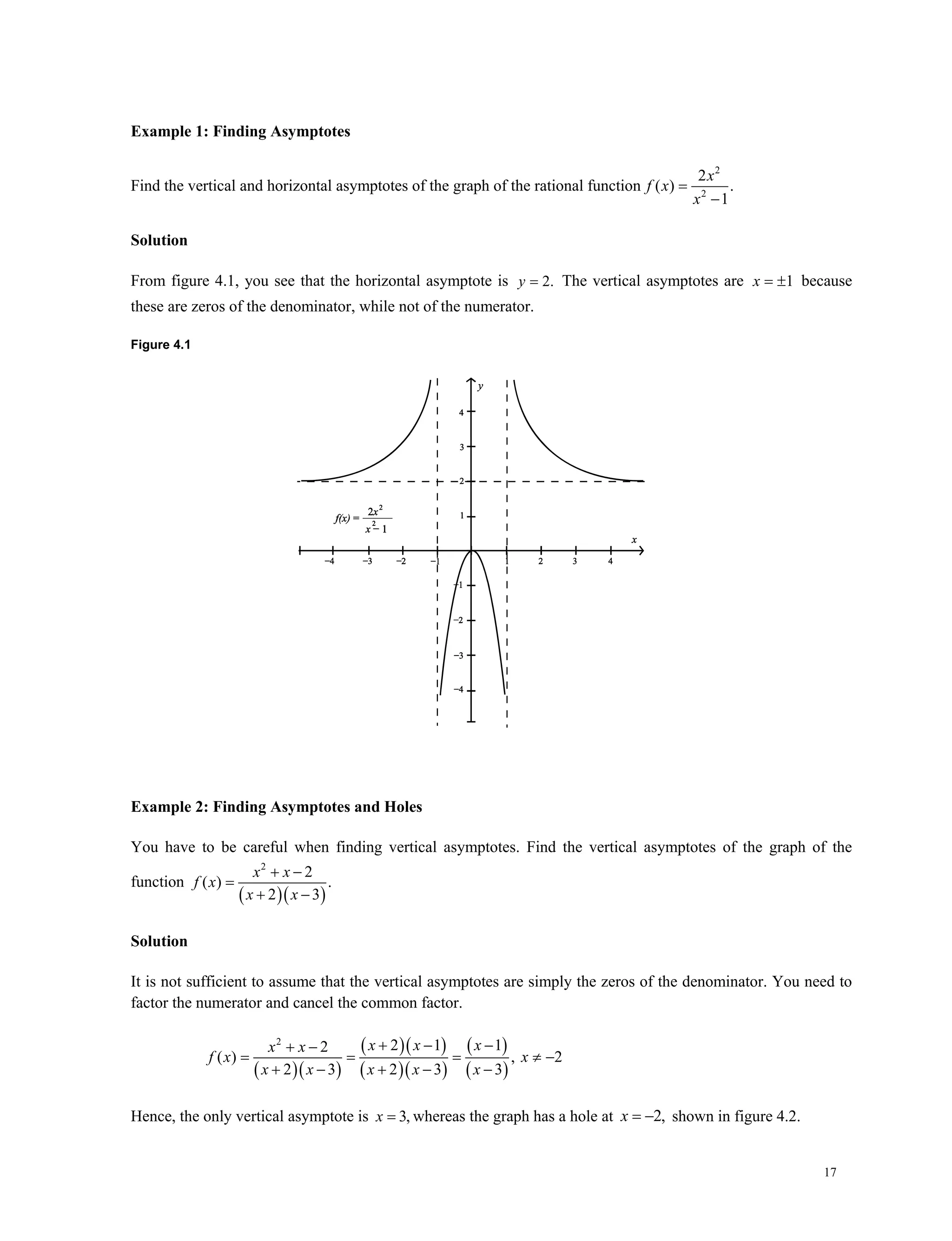 17
Example 1: Finding Asymptotes
Find the vertical and horizontal asymptotes of the graph of the rational function
2
2
2
( ) .
1
x
f x
x


Solution
From figure 4.1, you see that the horizontal asymptote is 2.y  The vertical asymptotes are 1x   because
these are zeros of the denominator, while not of the numerator.
Figure 4.1
Example 2: Finding Asymptotes and Holes
You have to be careful when finding vertical asymptotes. Find the vertical asymptotes of the graph of the
function
  
2
2
( ) .
2 3
x x
f x
x x
 

 
Solution
It is not sufficient to assume that the vertical asymptotes are simply the zeros of the denominator. You need to
factor the numerator and cancel the common factor.
  
  
  
 
 
2
2 1 12
( ) , 2
2 3 2 3 3
x x xx x
f x x
x x x x x
   
    
    
Hence, the only vertical asymptote is 3,x  whereas the graph has a hole at 2,x   shown in figure 4.2.
 