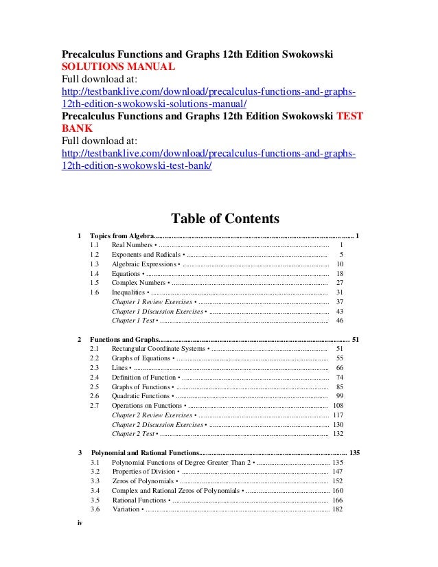 Precalculus Functions And Graphs 12th Edition Swokowski Solutions Man