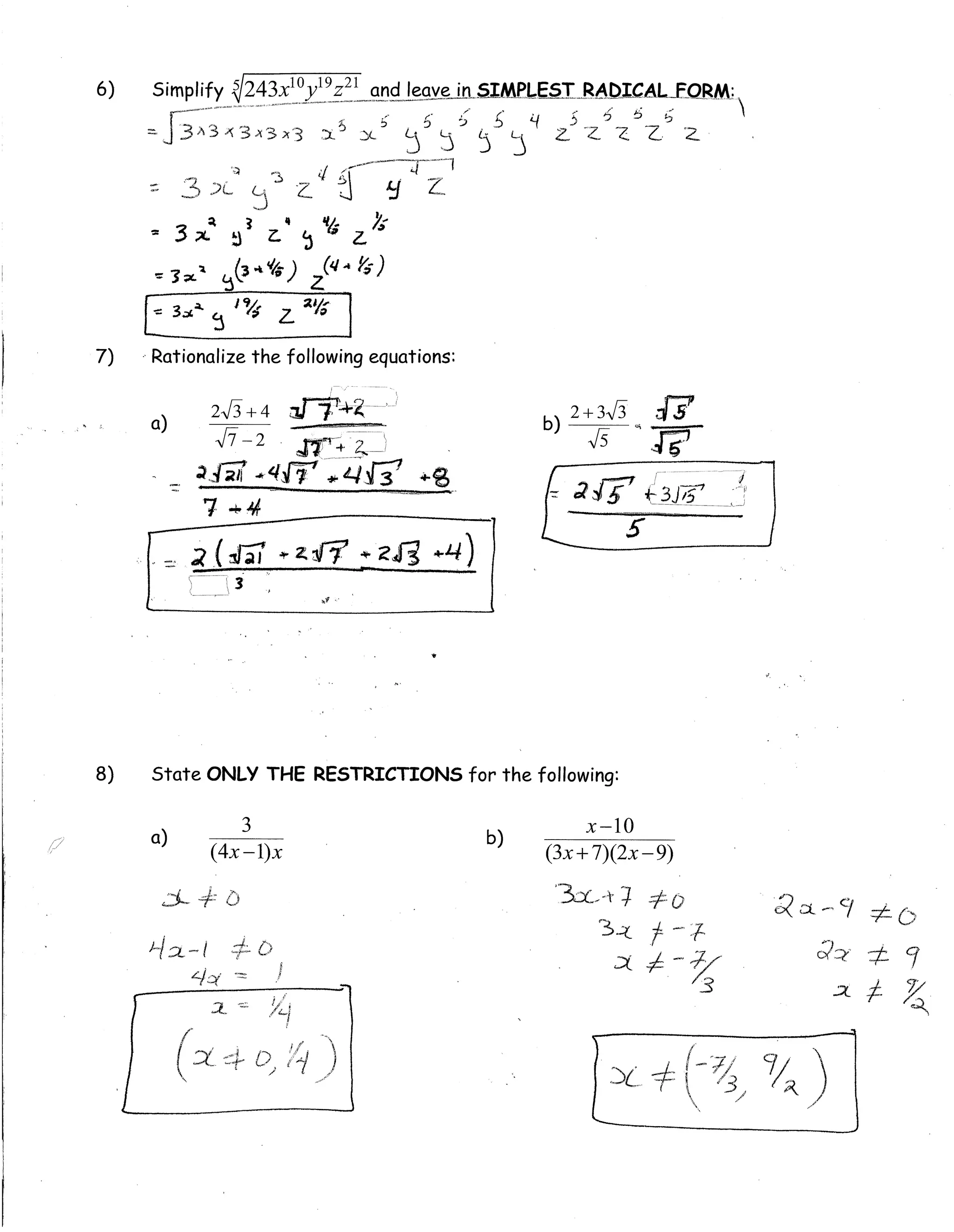 Precal practice test answer key